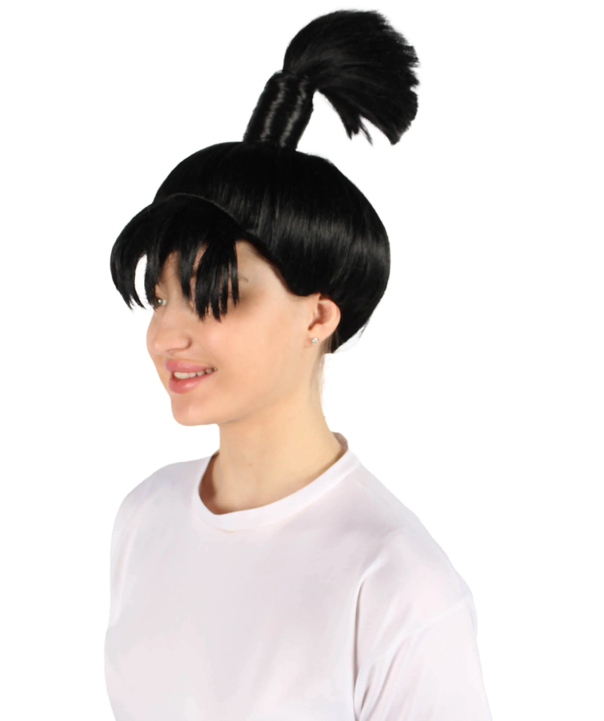 Adult Women’s Anime Manga Black Wig with a Tied Knot | Non-flammable Synthetic Fiber Wig