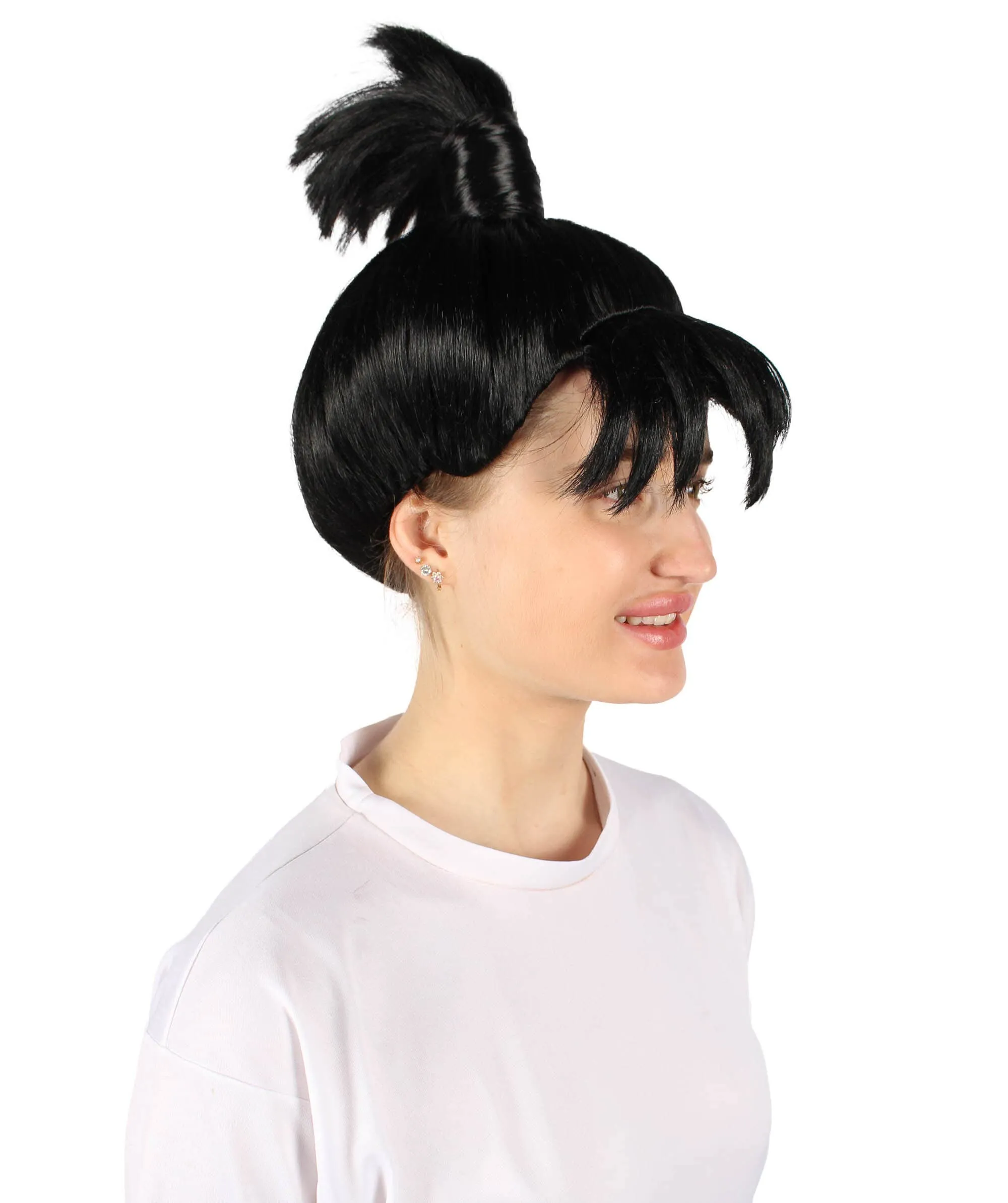 Adult Women’s Anime Manga Black Wig with a Tied Knot | Non-flammable Synthetic Fiber Wig