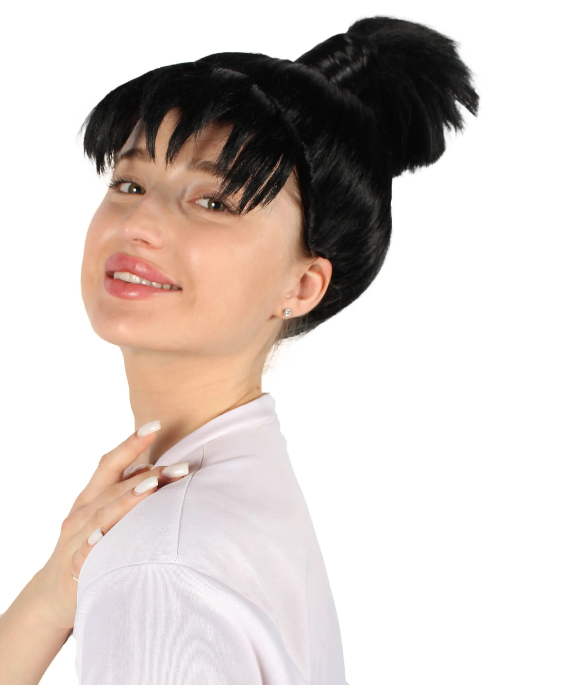 Adult Women’s Anime Manga Black Wig with a Tied Knot | Non-flammable Synthetic Fiber Wig