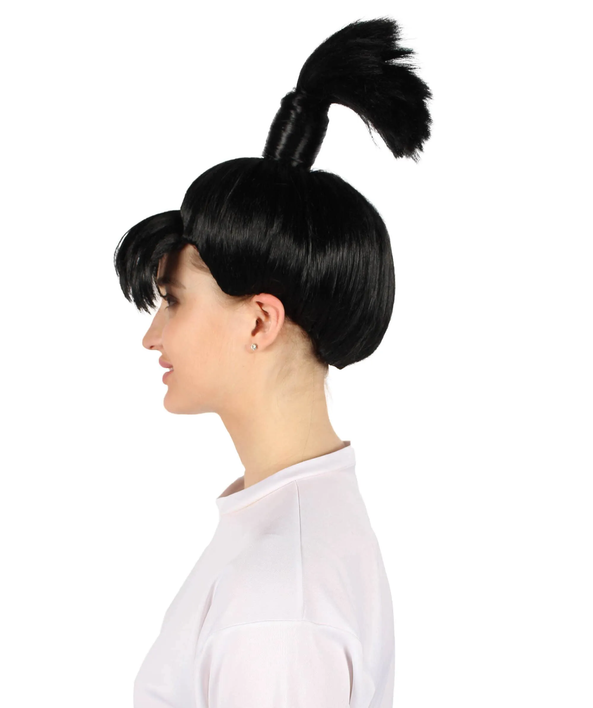 Adult Women’s Anime Manga Black Wig with a Tied Knot | Non-flammable Synthetic Fiber Wig