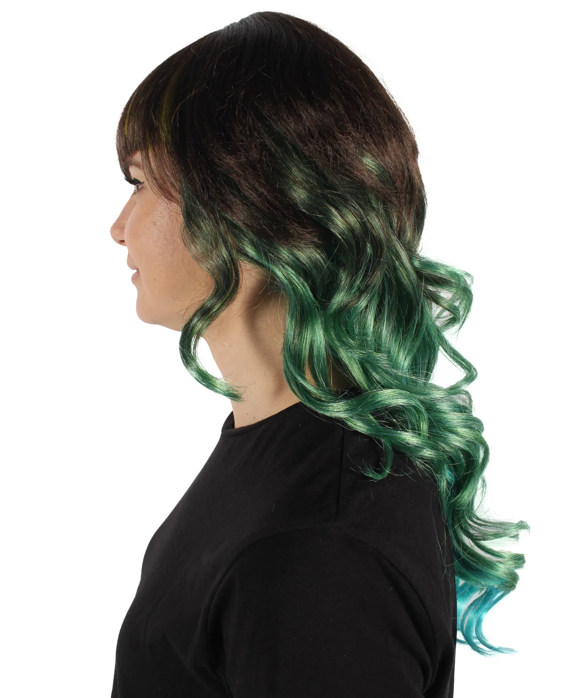 Adult Women's Black and Green Long Wavy Wig I Perfect for Halloween I Flame-retardant Synthetic Fiber