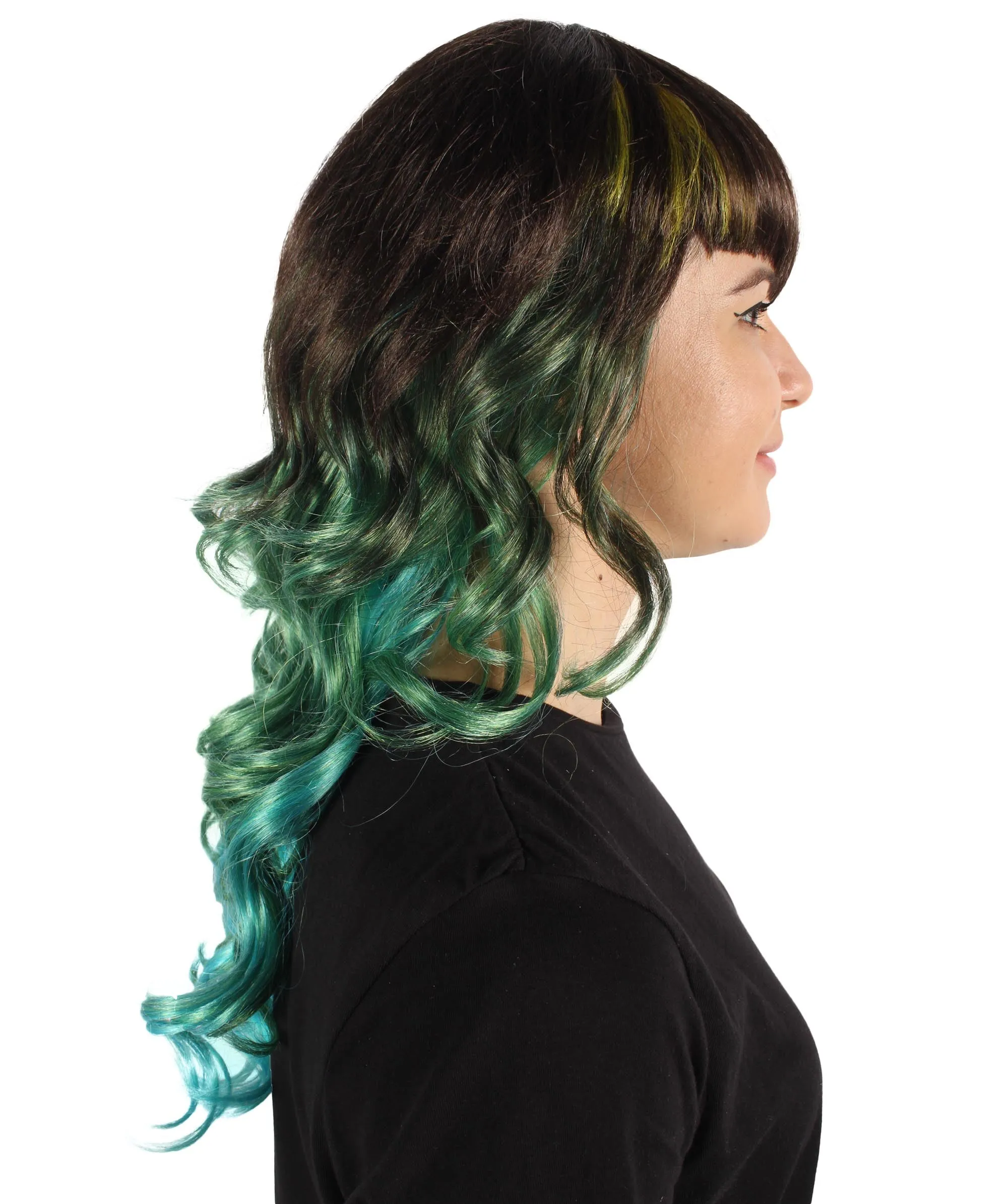 Adult Women's Black and Green Long Wavy Wig I Perfect for Halloween I Flame-retardant Synthetic Fiber
