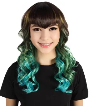 Adult Women's Black and Green Long Wavy Wig I Perfect for Halloween I Flame-retardant Synthetic Fiber