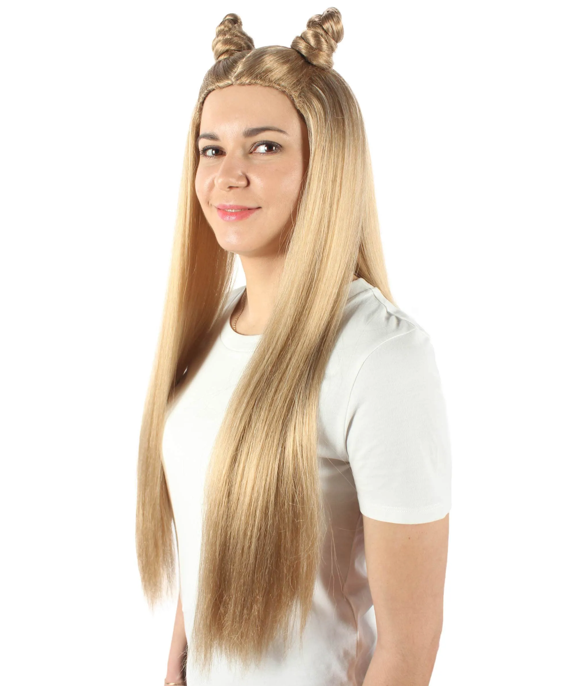 Adult Women's Blonde Wig with Buns, Best for Halloween, Flame-retardant Synthetic Fiber