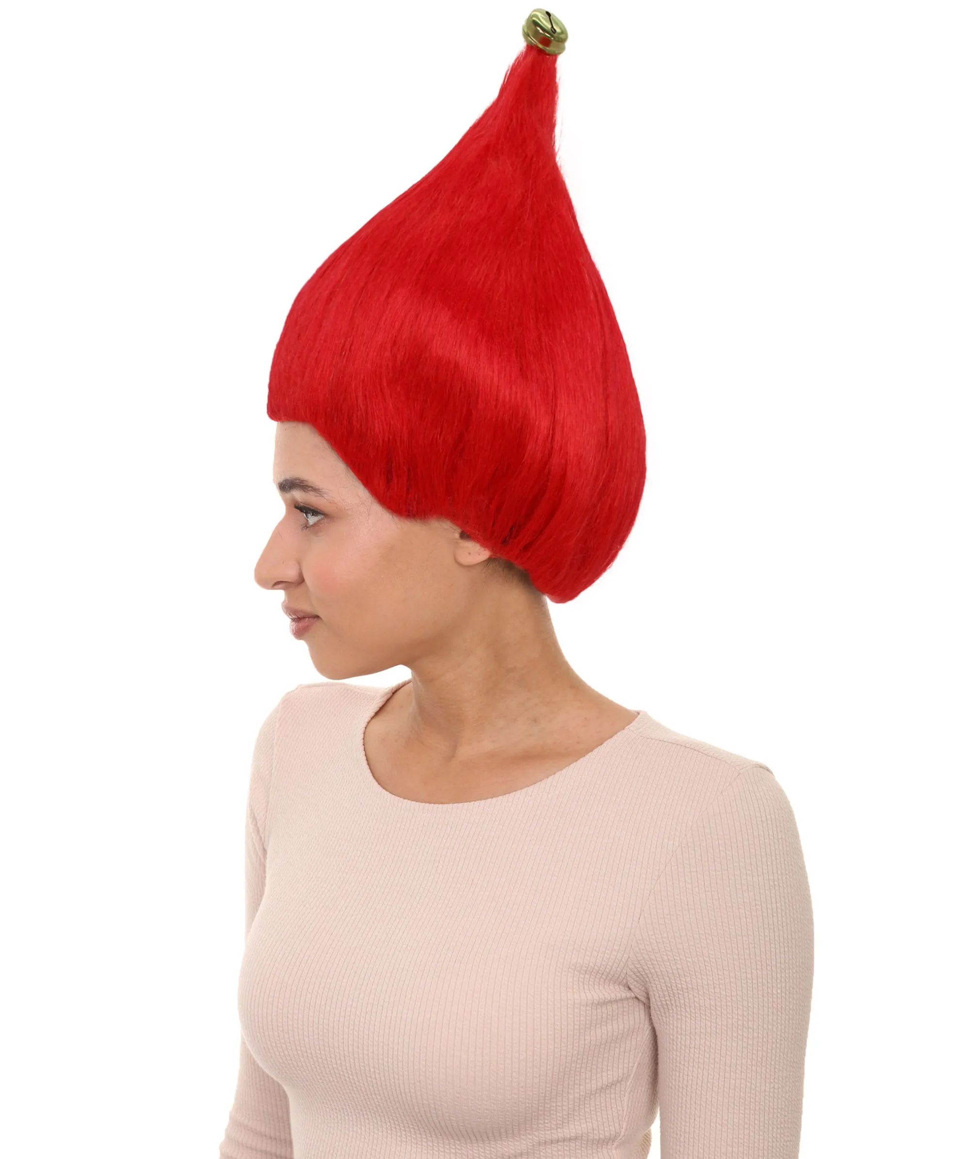 Adult Women’s Bright Red Santa's Sidekick Wig with Bell | Christmas Wigs | Premium Breathable Capless Cap