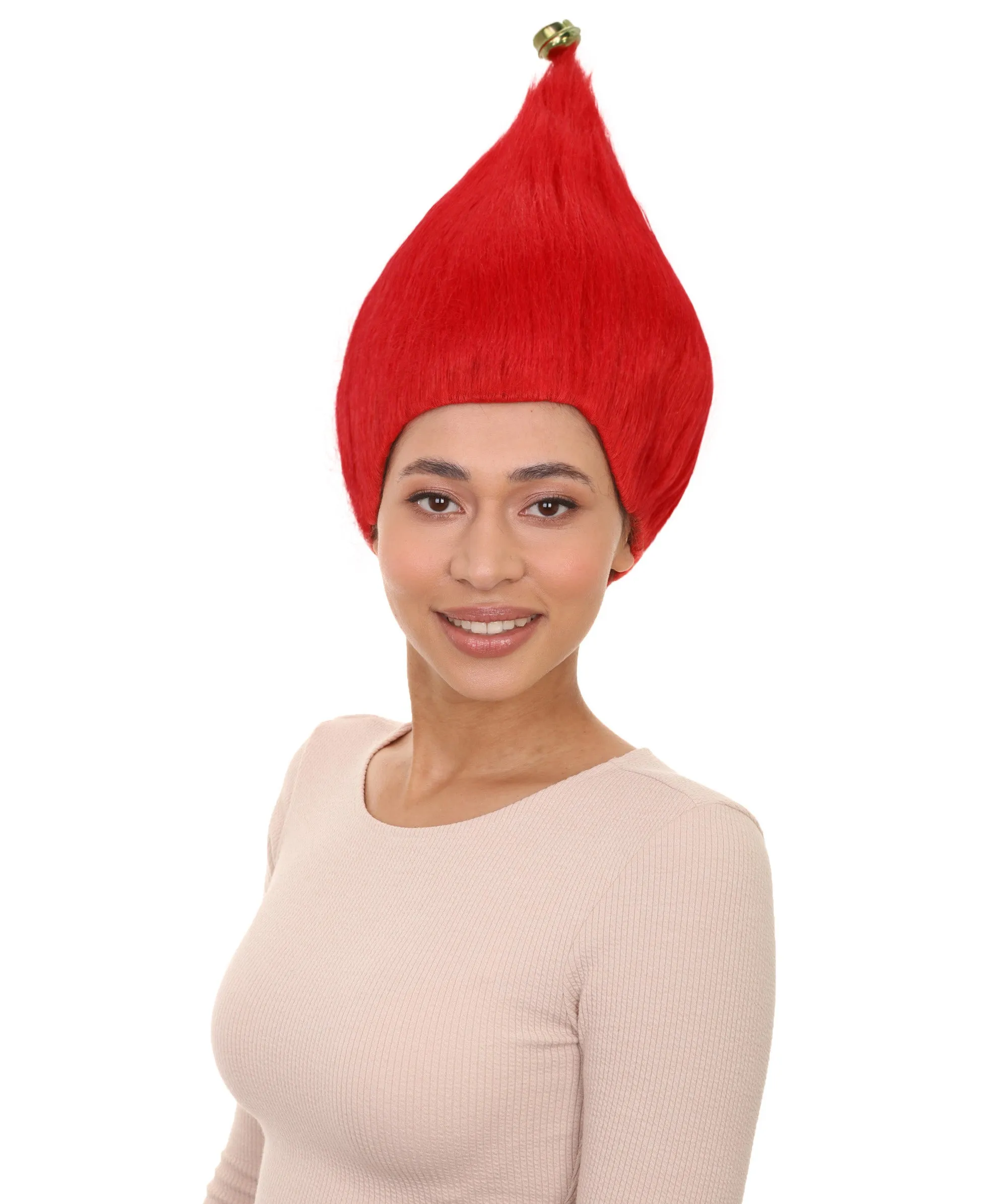 Adult Women’s Bright Red Santa's Sidekick Wig with Bell | Christmas Wigs | Premium Breathable Capless Cap