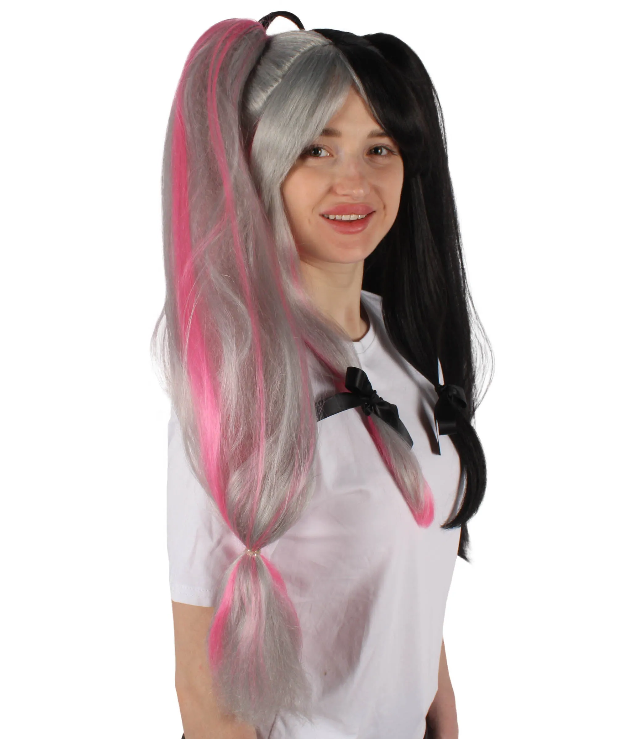Adult Women's Japanese VTuber Black and Pink Double Tail Wig | Perfect for Halloween | Flame retardant Synthetic Fiber