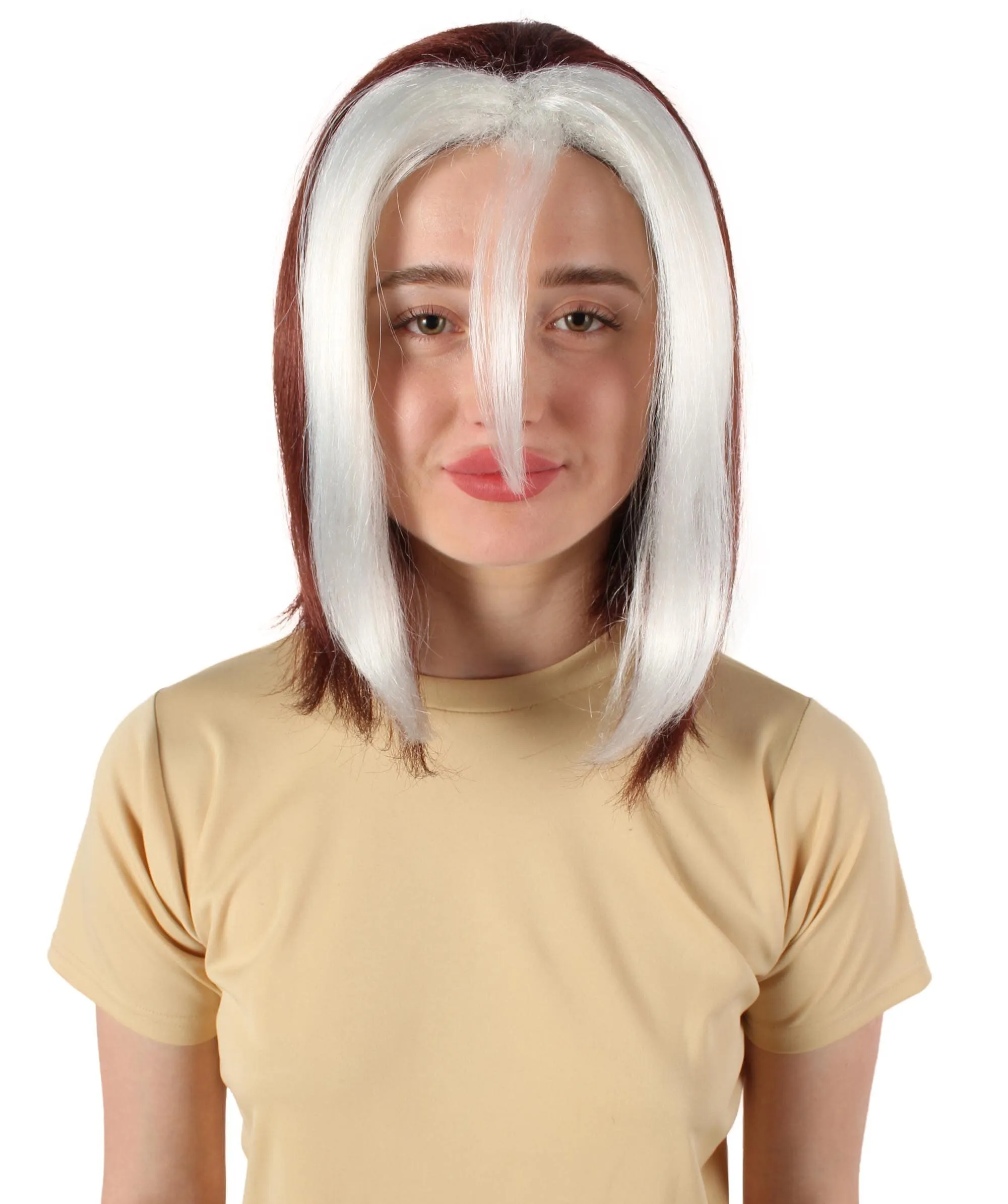Adult Women’s Short Mutant Egirl Superhero Burgundy Brown & White Strand Wig