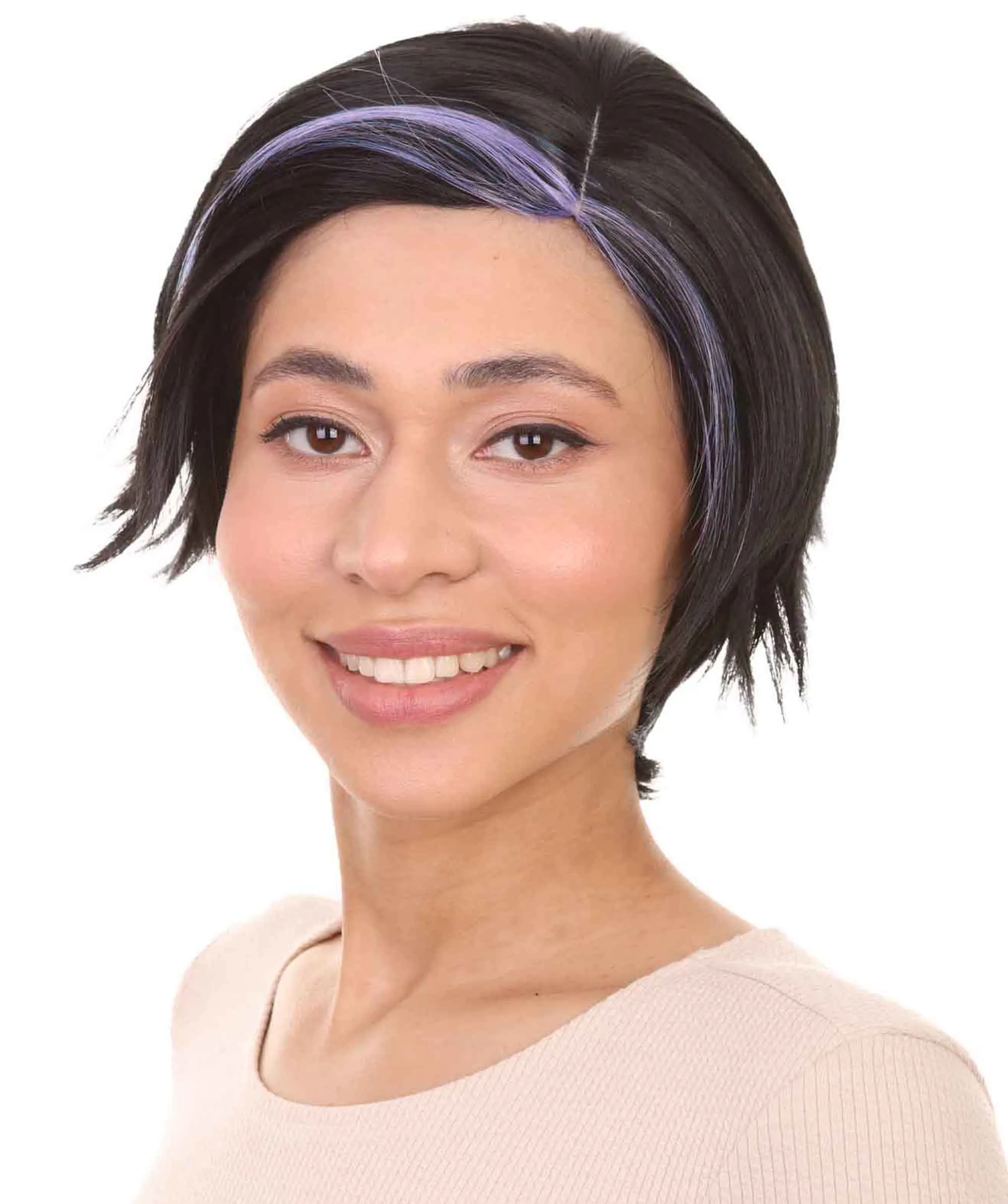 Animation Hero Womens Wig , Short Black Purple TV/Movie Wig , Premium Breathable Capless Cap