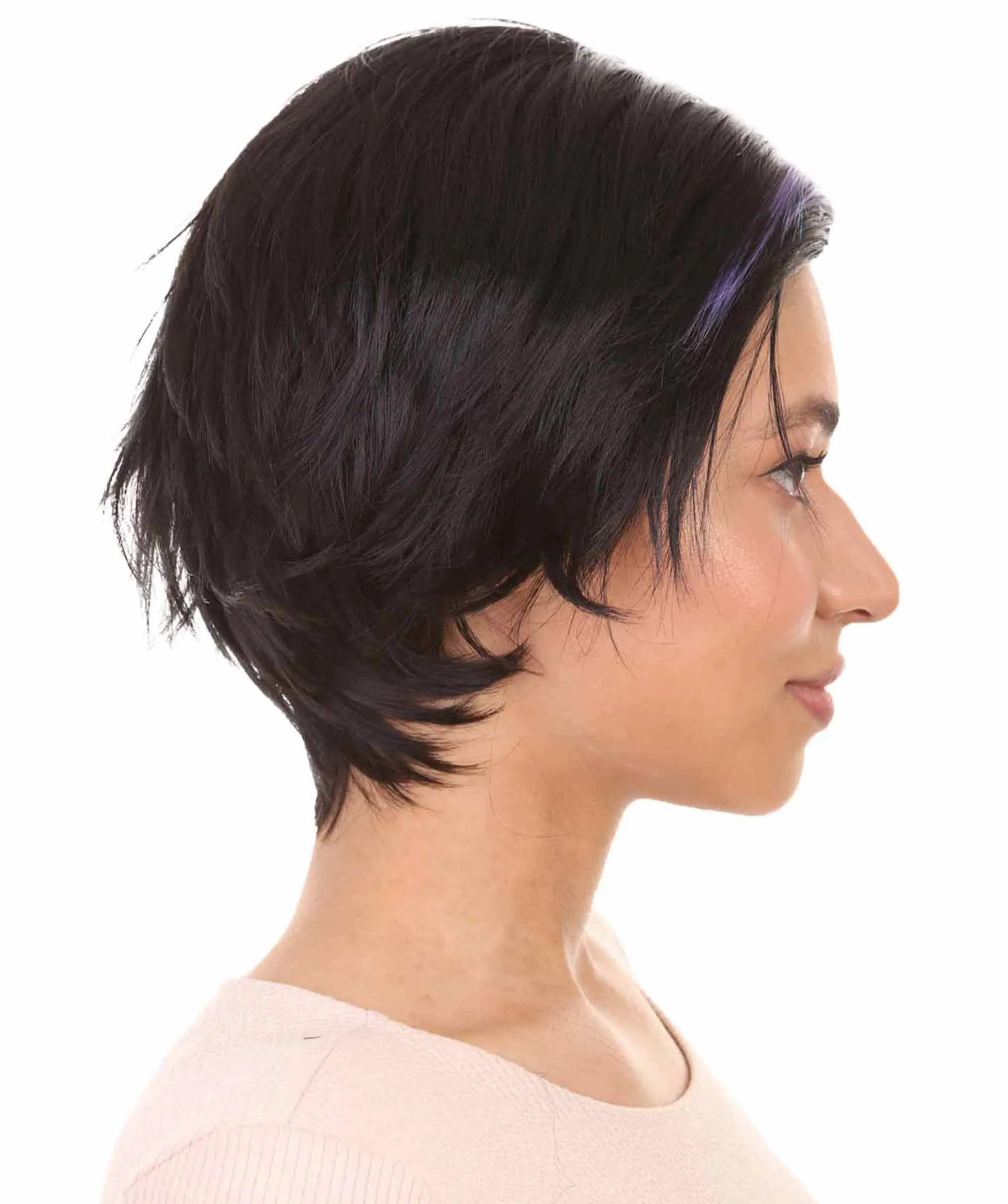 Animation Hero Womens Wig , Short Black Purple TV/Movie Wig , Premium Breathable Capless Cap
