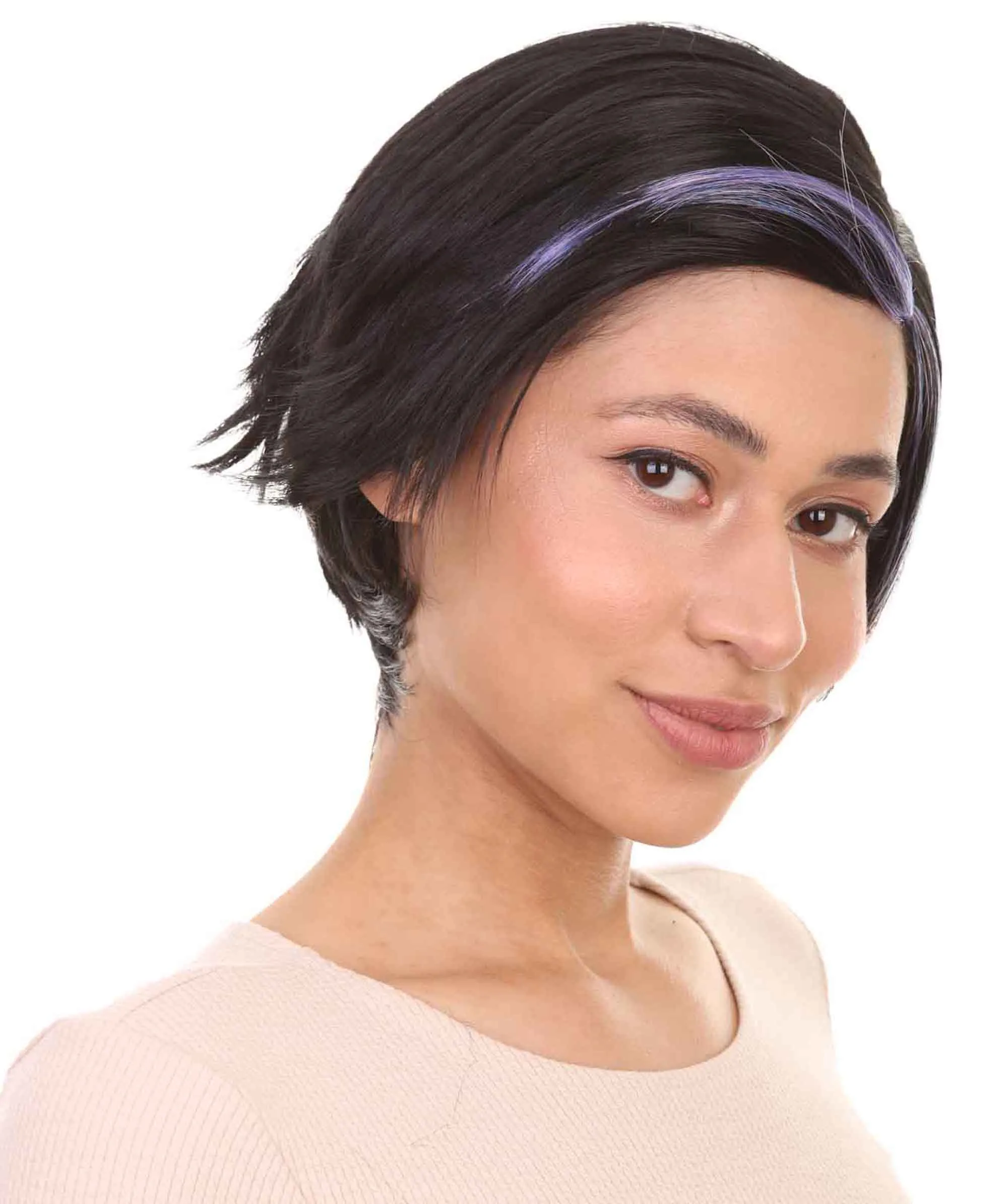 Animation Hero Womens Wig , Short Black Purple TV/Movie Wig , Premium Breathable Capless Cap