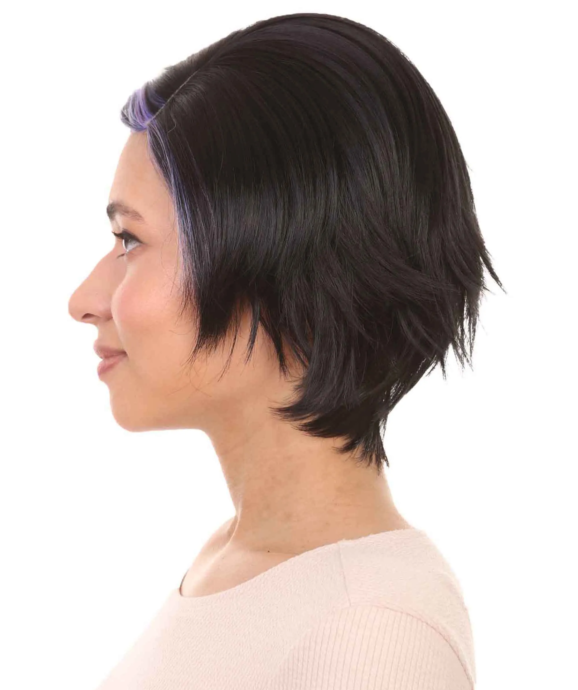 Animation Hero Womens Wig , Short Black Purple TV/Movie Wig , Premium Breathable Capless Cap