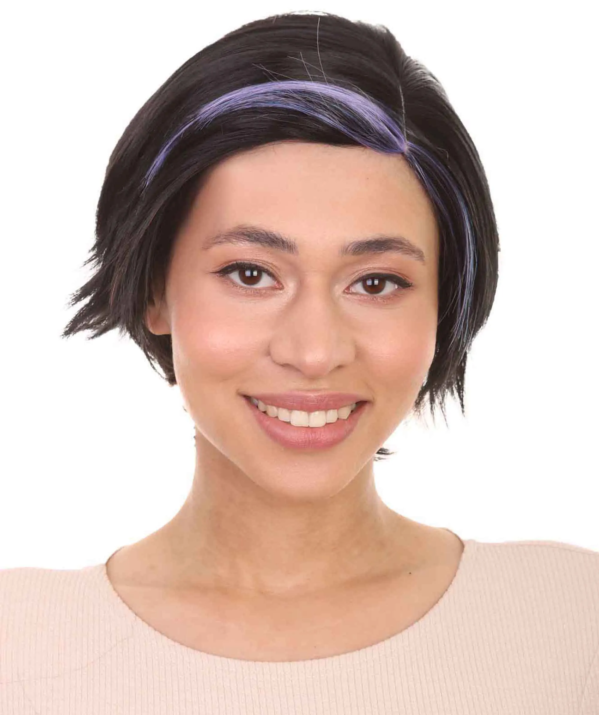 Animation Hero Womens Wig , Short Black Purple TV/Movie Wig , Premium Breathable Capless Cap