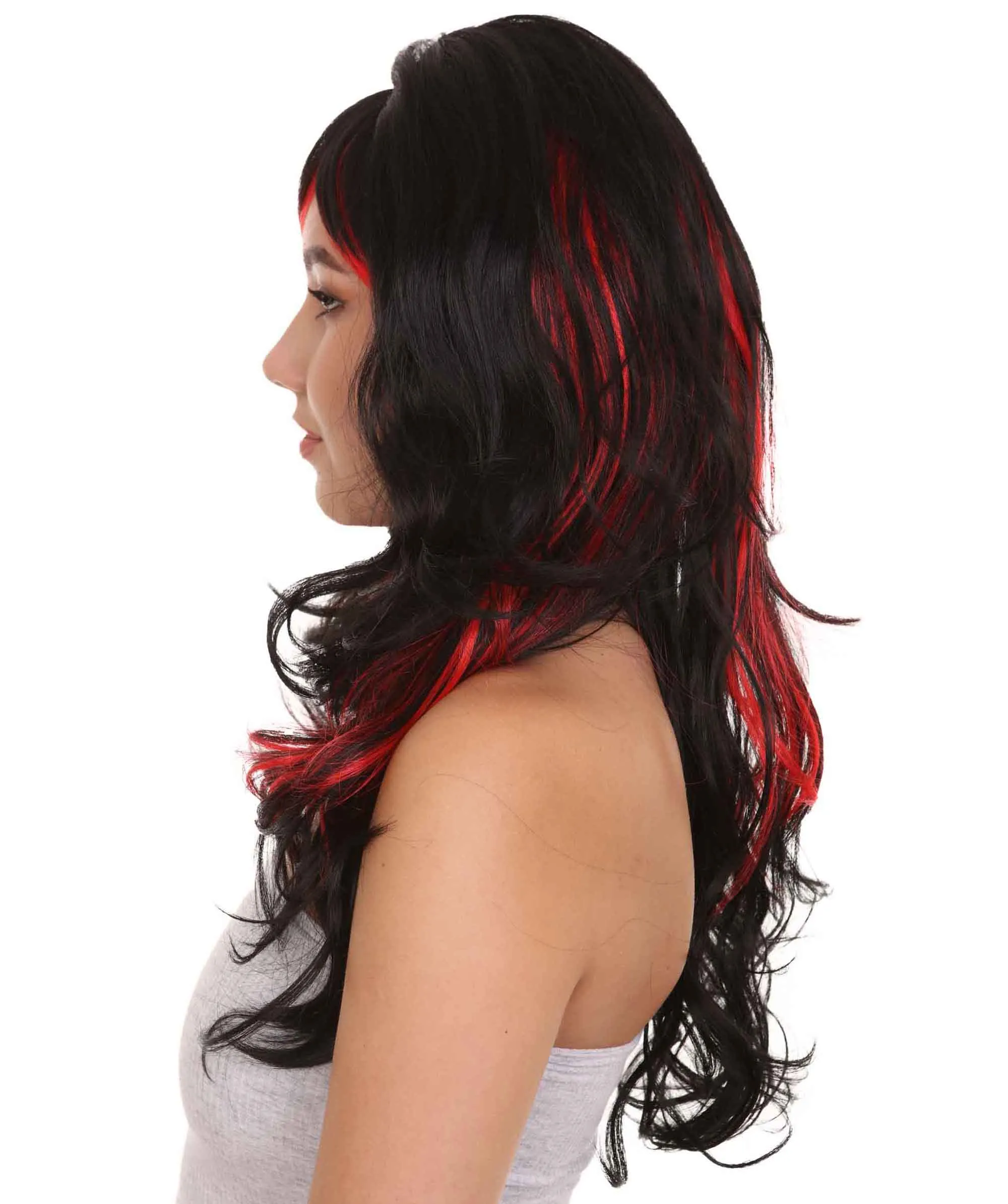 Black & Red Seduction Womens Wig | Long Curly Fashion Cosplay Halloween Wig | Premium Breathable Capless Cap