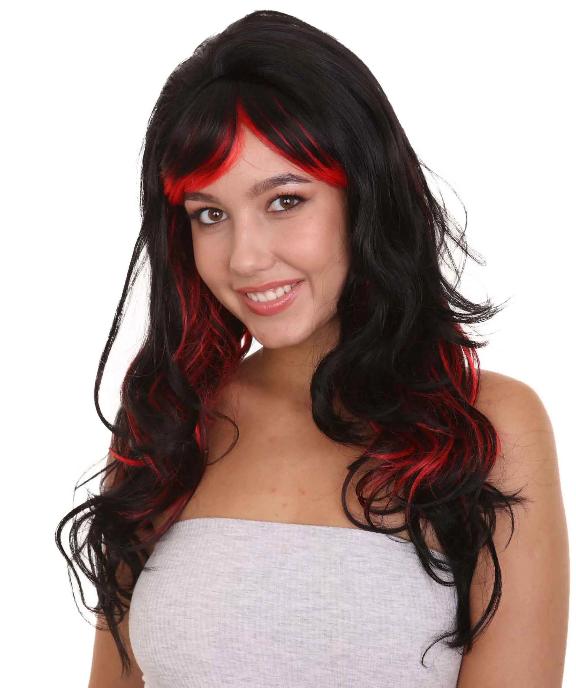 Black & Red Seduction Womens Wig | Long Curly Fashion Cosplay Halloween Wig | Premium Breathable Capless Cap