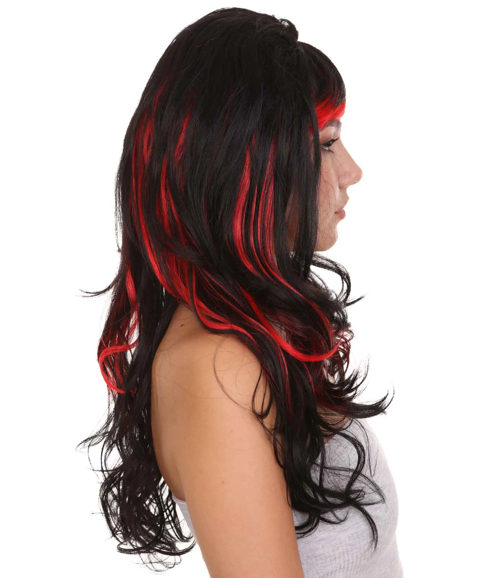 Black & Red Seduction Womens Wig | Long Curly Fashion Cosplay Halloween Wig | Premium Breathable Capless Cap