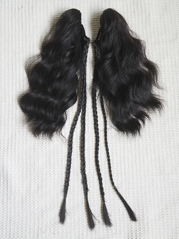 Black Tea Bob Cut Short Wig With Bangs＋Double Wavy Ponytail Claw Clips