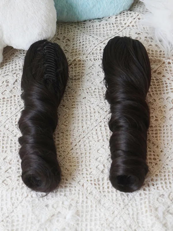 Black Tea Bob Cut Straight Wig With Bangs＋Double Long/Short Ponytail Claw Clips