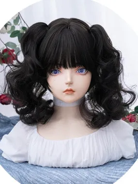 Black Tea Short Bob Cut Synthetic Wig With Double Ponytail Claw Clips