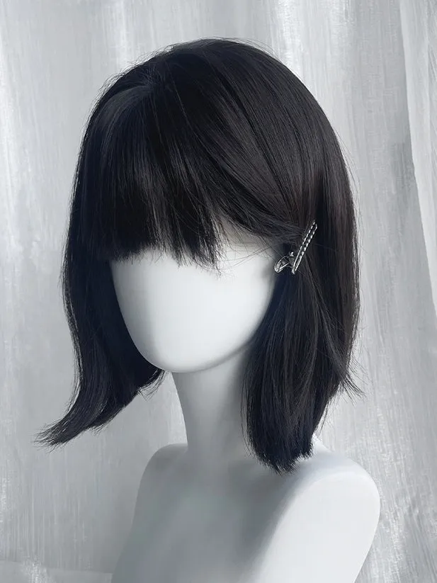 Black Tea Short Straight Synthetic Wig With Full Bangs