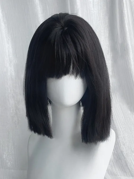 Black Tea Short Straight Synthetic Wig With Full Bangs