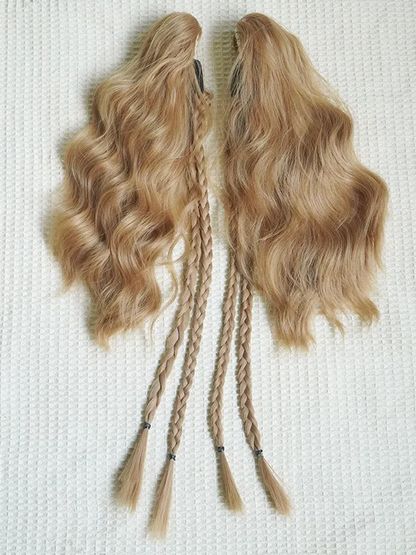 Blonde Bob Cut Short Wig With Bangs＋Double Wavy Ponytail Claw Clips