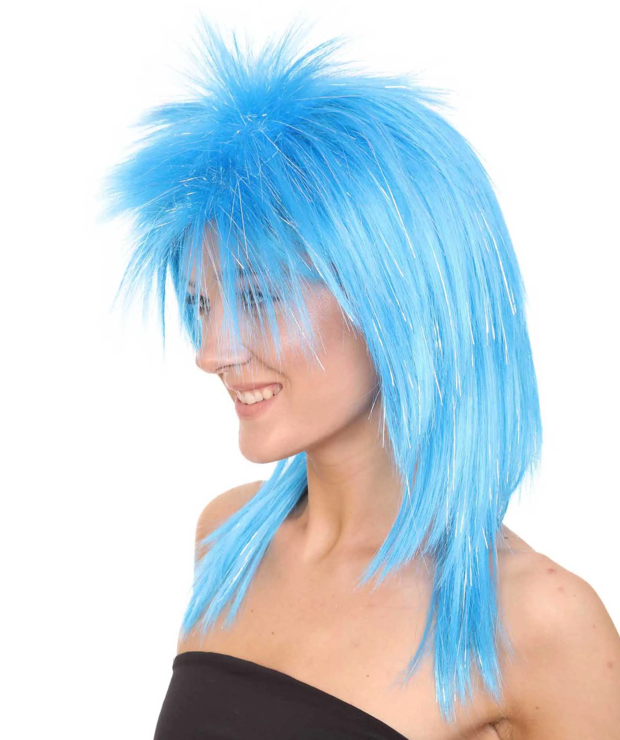 Blue 80's Rocking Diva Tinsel Womens Wig | Movie Cosplay Halloween Wig | Premium Breathable Capless Cap