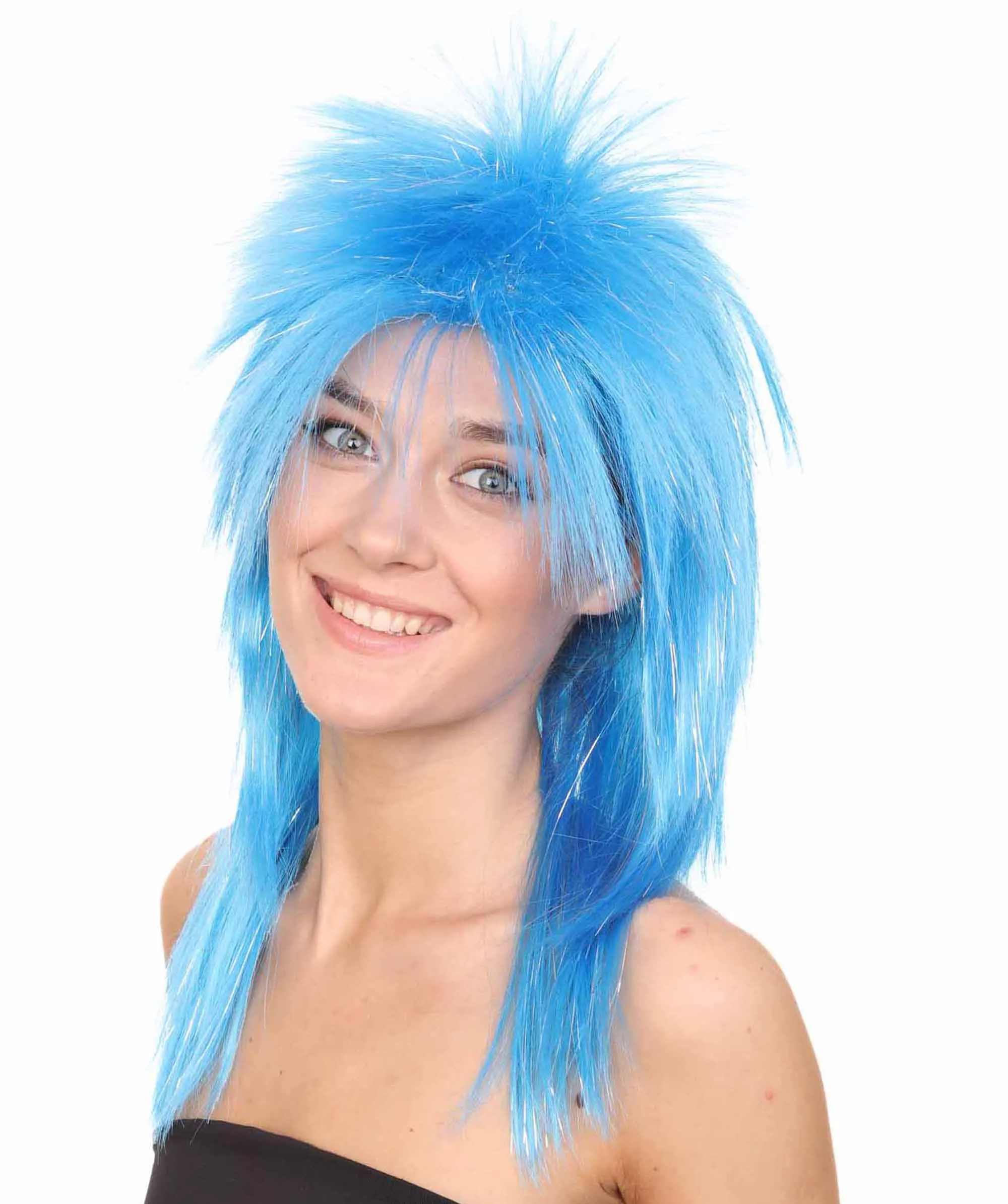Blue 80's Rocking Diva Tinsel Womens Wig | Movie Cosplay Halloween Wig | Premium Breathable Capless Cap