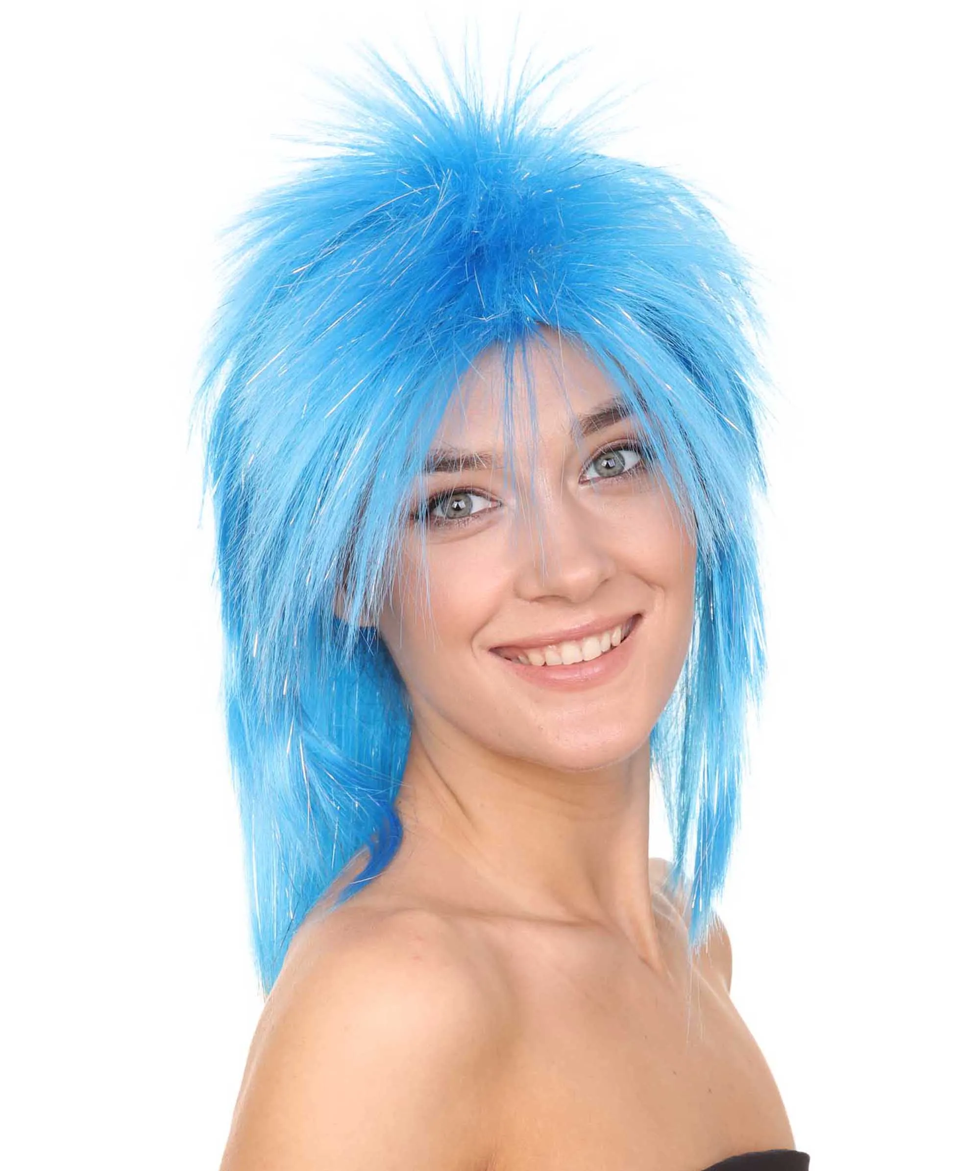 Blue 80's Rocking Diva Tinsel Womens Wig | Movie Cosplay Halloween Wig | Premium Breathable Capless Cap