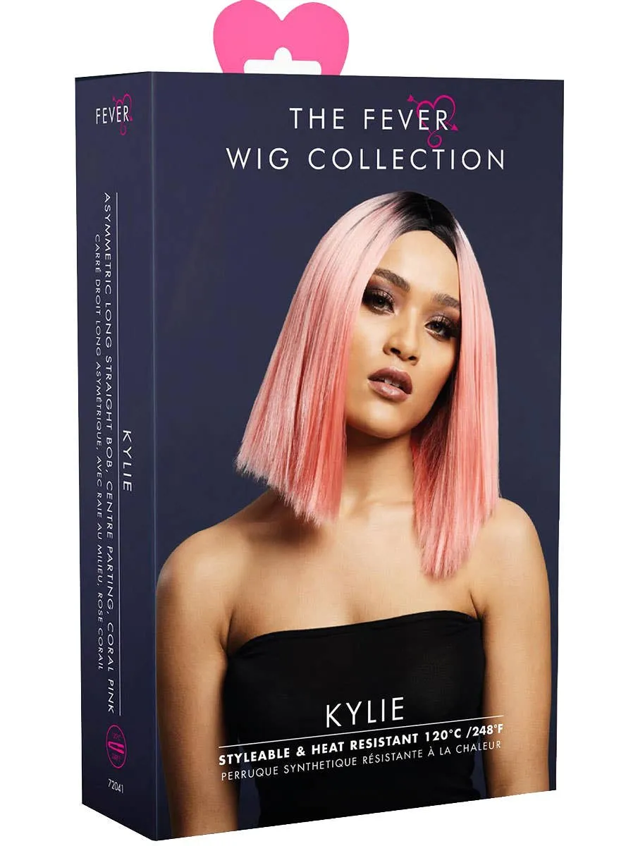 Blunt Cut Womens Coral Pink Bob Wig with Dark Roots