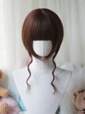Caramel Bob Cut Straight Wig With Bangs＋Double Long/Short Ponytail Claw Clips