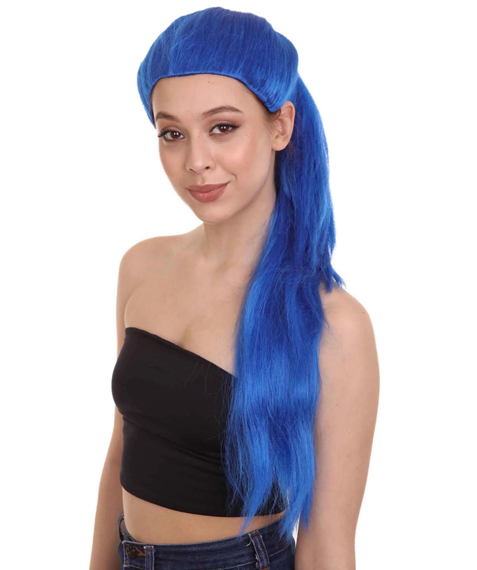 Celebrity Singer Wig , Blue 80's Pop Star One Side Ponytail Celebrity Wig , Premium Breathable Capless Cap