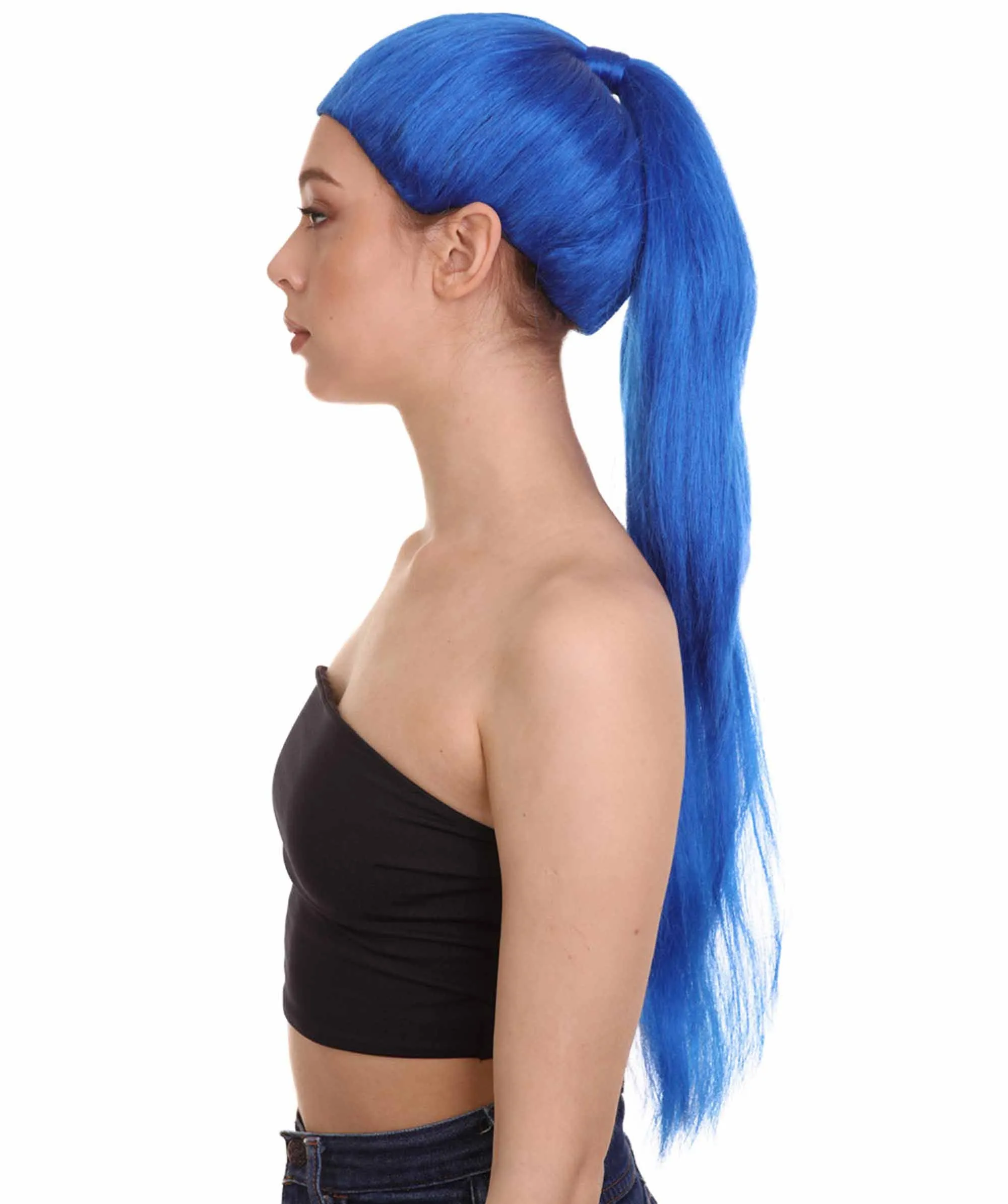 Celebrity Singer Wig , Blue 80's Pop Star One Side Ponytail Celebrity Wig , Premium Breathable Capless Cap
