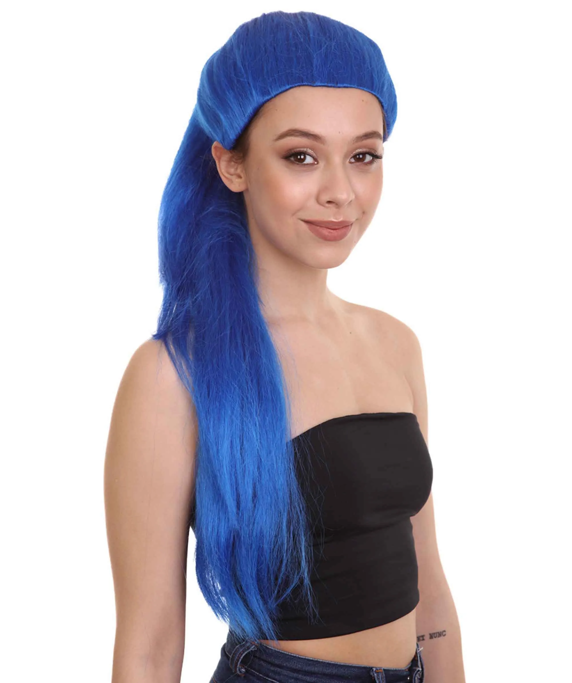 Celebrity Singer Wig , Blue 80's Pop Star One Side Ponytail Celebrity Wig , Premium Breathable Capless Cap