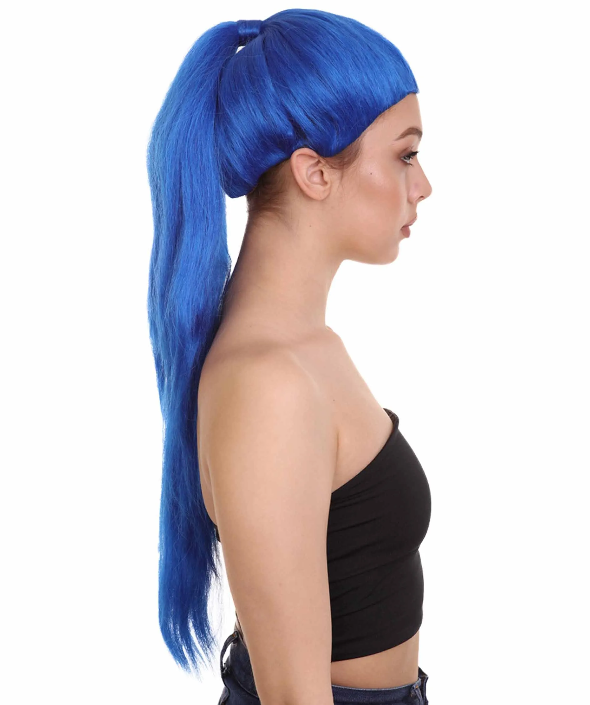 Celebrity Singer Wig , Blue 80's Pop Star One Side Ponytail Celebrity Wig , Premium Breathable Capless Cap