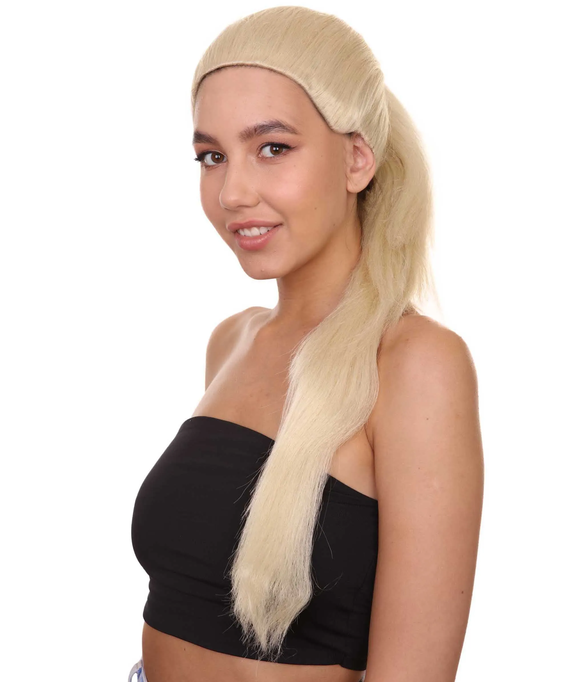 Celebrity Singer Wig , Blue 80's Pop Star One Side Ponytail Celebrity Wig , Premium Breathable Capless Cap
