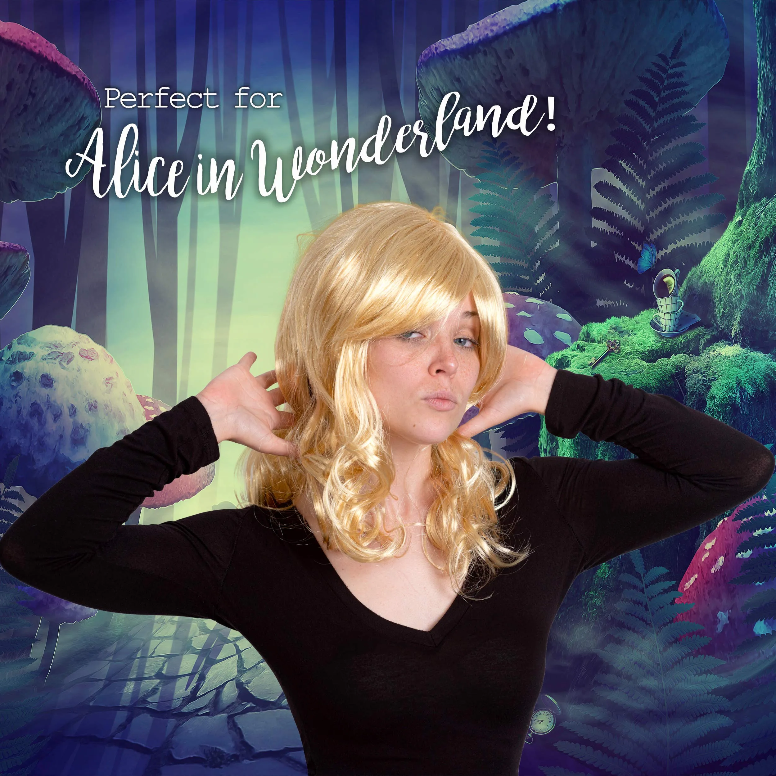 Curly Blond Wavy Wig - Long Curls Yellow Blonde Princess Goddess Wigs with Bangs for Kids and Adults