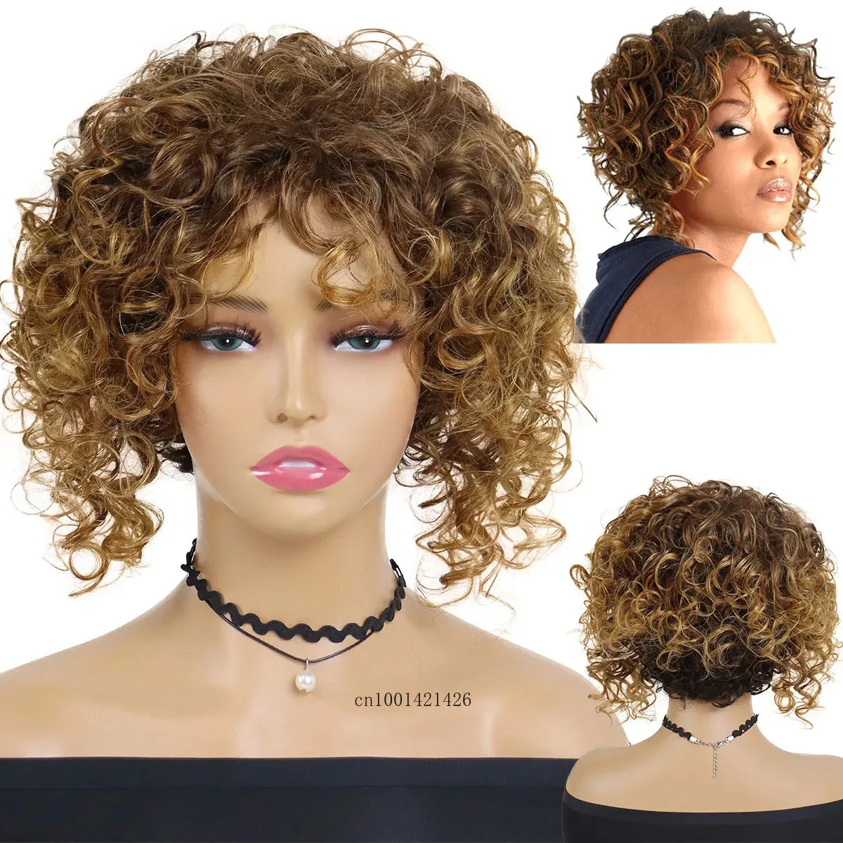 Curly Wig with Bangs Synthetic Short Curly Wigs for Black Women Colly Frizzy Top Mommy Wigs Outfits Daily Use Natural Haircuts