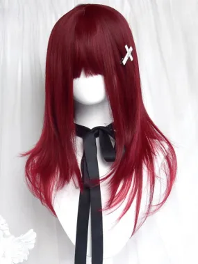 Dark Red Above Bust Length Straight Wig With Full Bangs