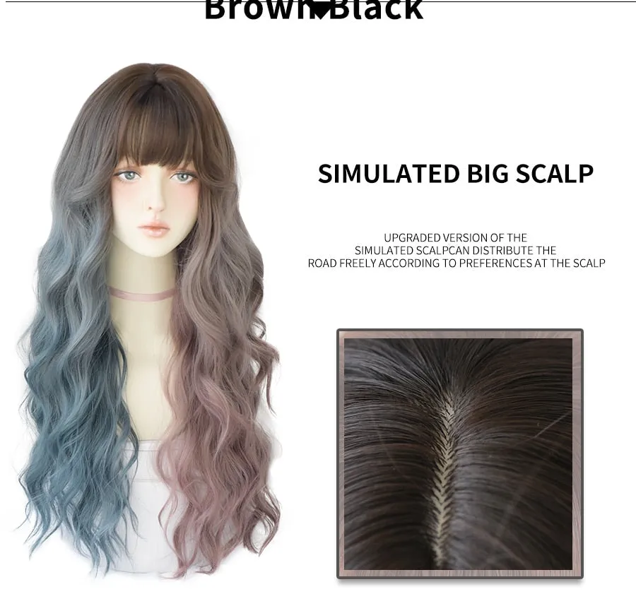 Deep Wave Long Hair Omber Blue Red Black Wigs For Women Colored Heat Resistant Hair Lolita Wigs With Bangs Wholesale