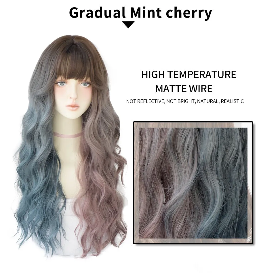 Deep Wave Long Hair Omber Blue Red Black Wigs For Women Colored Heat Resistant Hair Lolita Wigs With Bangs Wholesale