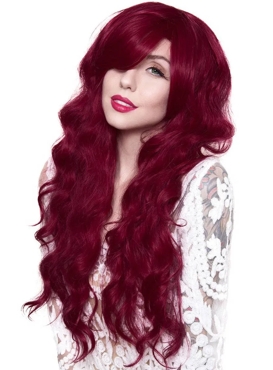 Deluxe Long Wavy Cranberry Red Heat Resistant Womens Wig