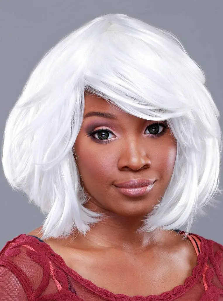 Deluxe Womens White Bob Fashion Wig with Side Fringe