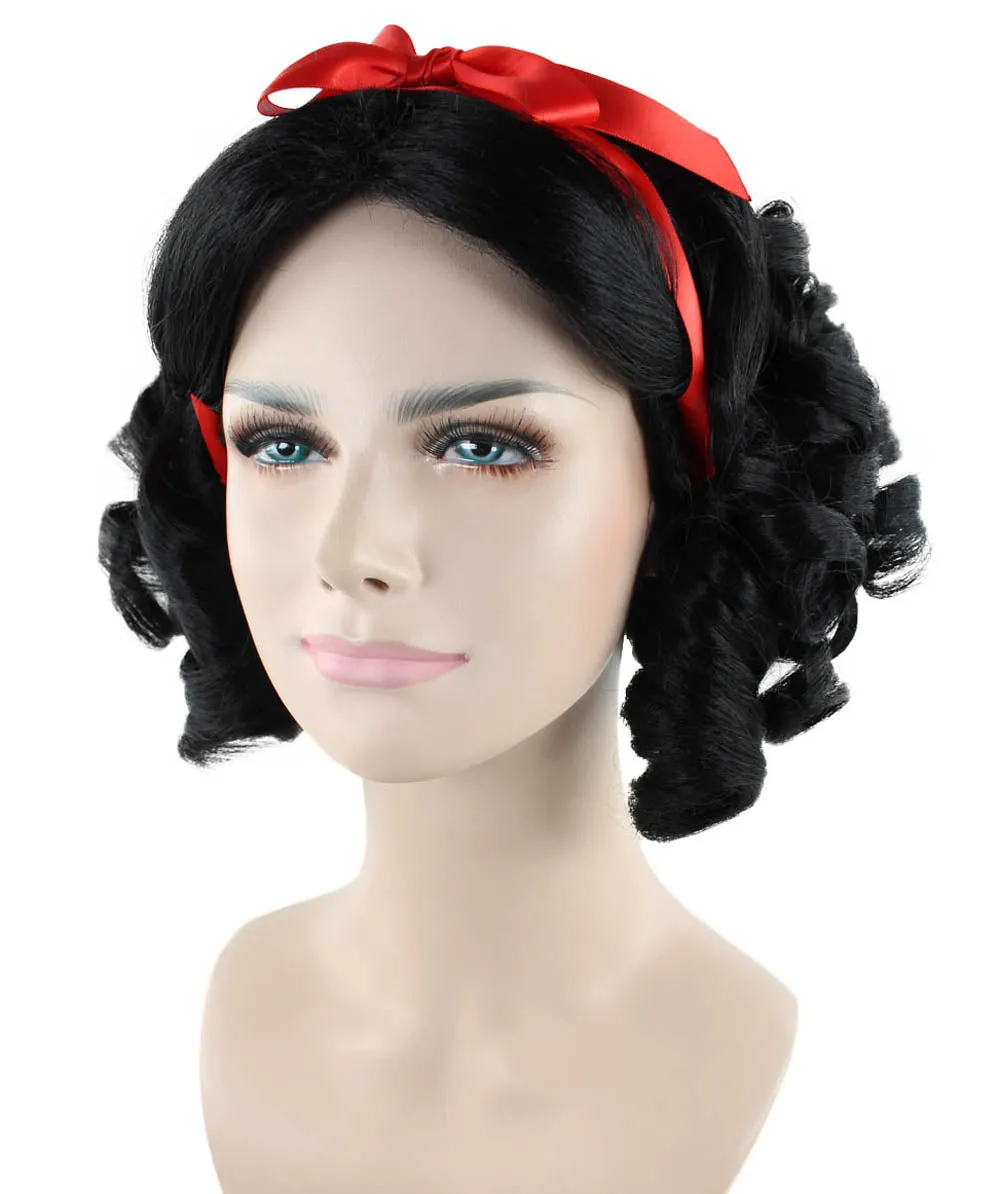 Fairytale Womens Wig | Black Short Cosplay Halloween Wig With Red Ribbon | Premium Breathable Capless Cap