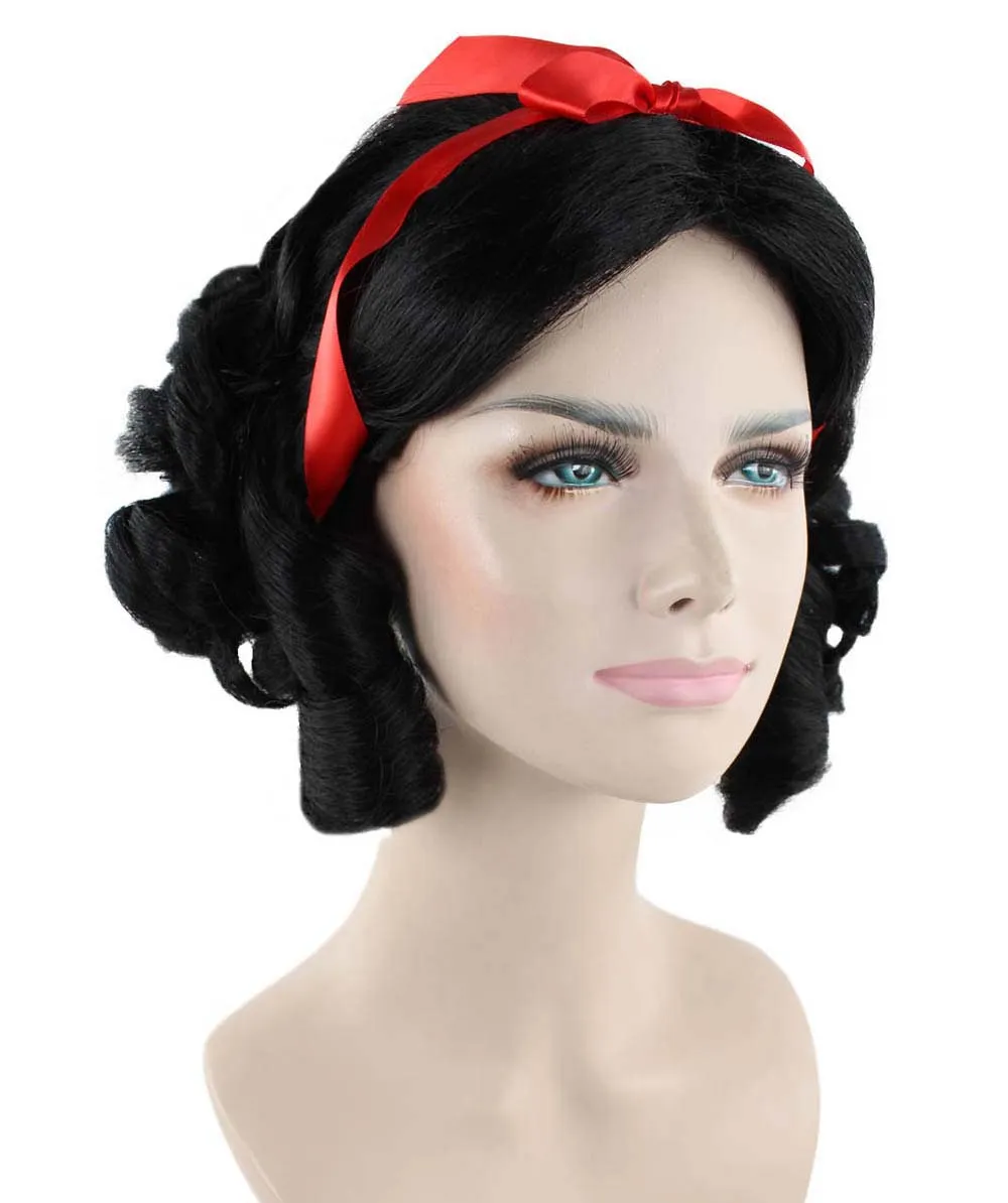 Fairytale Womens Wig | Black Short Cosplay Halloween Wig With Red Ribbon | Premium Breathable Capless Cap