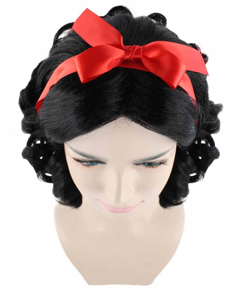 Fairytale Womens Wig | Black Short Cosplay Halloween Wig With Red Ribbon | Premium Breathable Capless Cap
