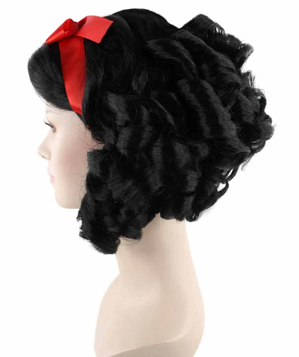 Fairytale Womens Wig | Black Short Cosplay Halloween Wig With Red Ribbon | Premium Breathable Capless Cap