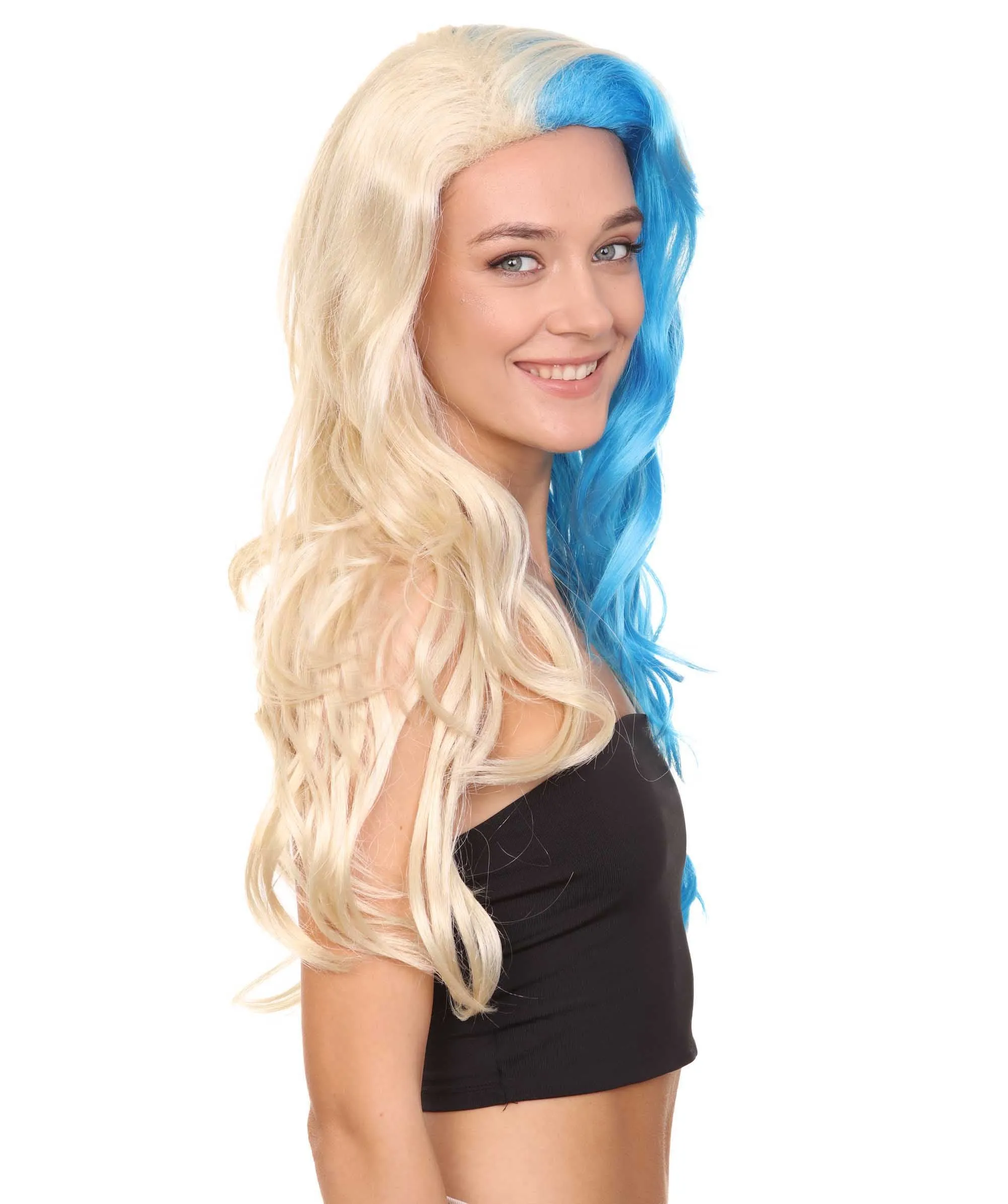 Half Blonde and Half Blue Wig | Fancy Party Event Ready Halloween Wig | Premium Breathable Capless Cap