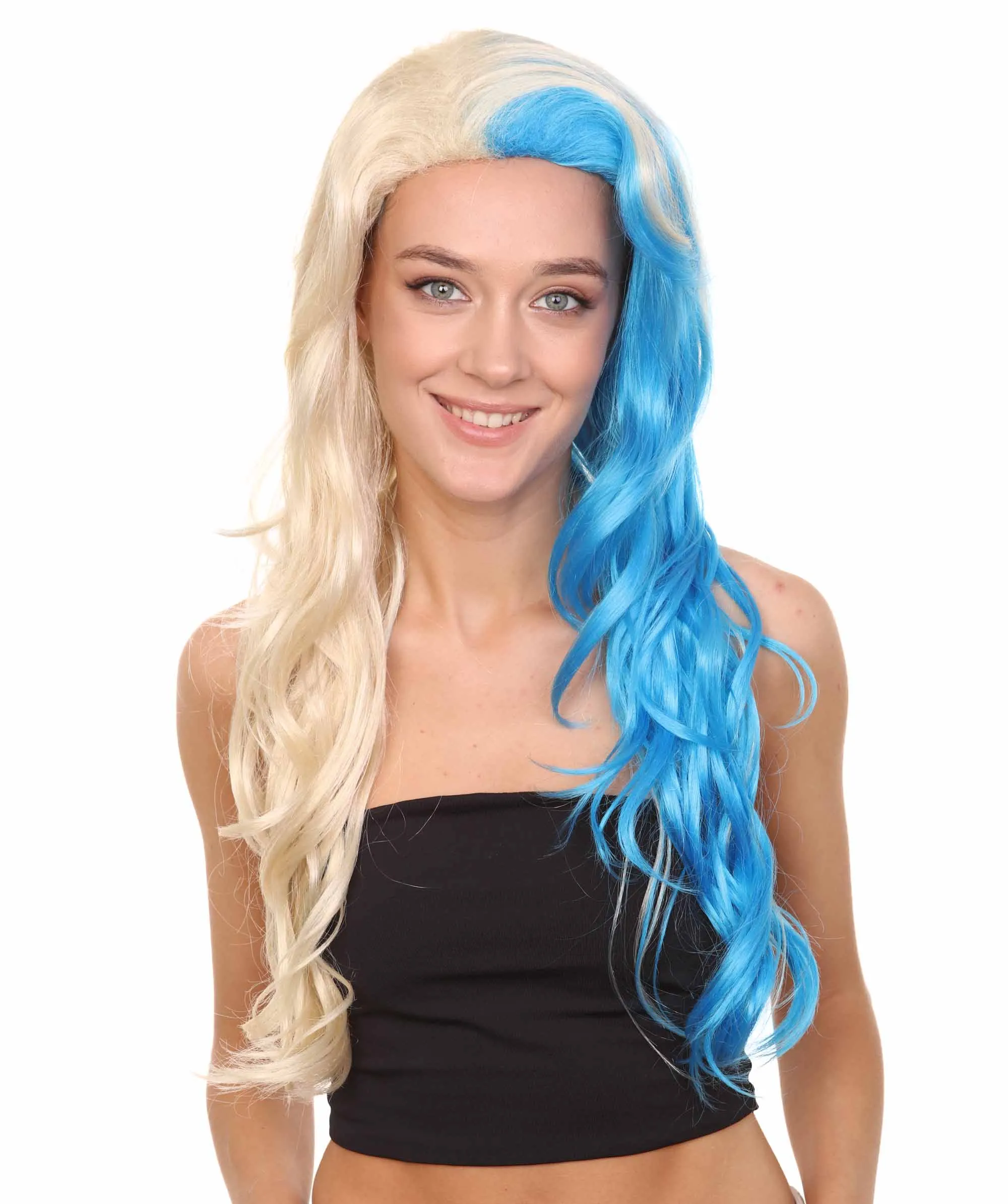 Half Blonde and Half Blue Wig | Fancy Party Event Ready Halloween Wig | Premium Breathable Capless Cap