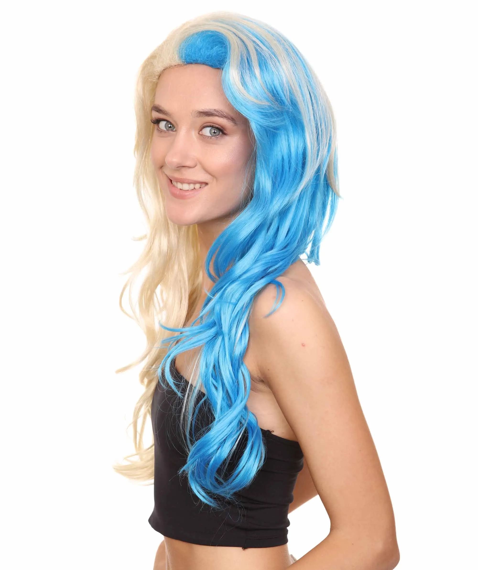 Half Blonde and Half Blue Wig | Fancy Party Event Ready Halloween Wig | Premium Breathable Capless Cap